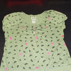 Green Peasant Style Top With Butterfly Pattwr Sz 2X